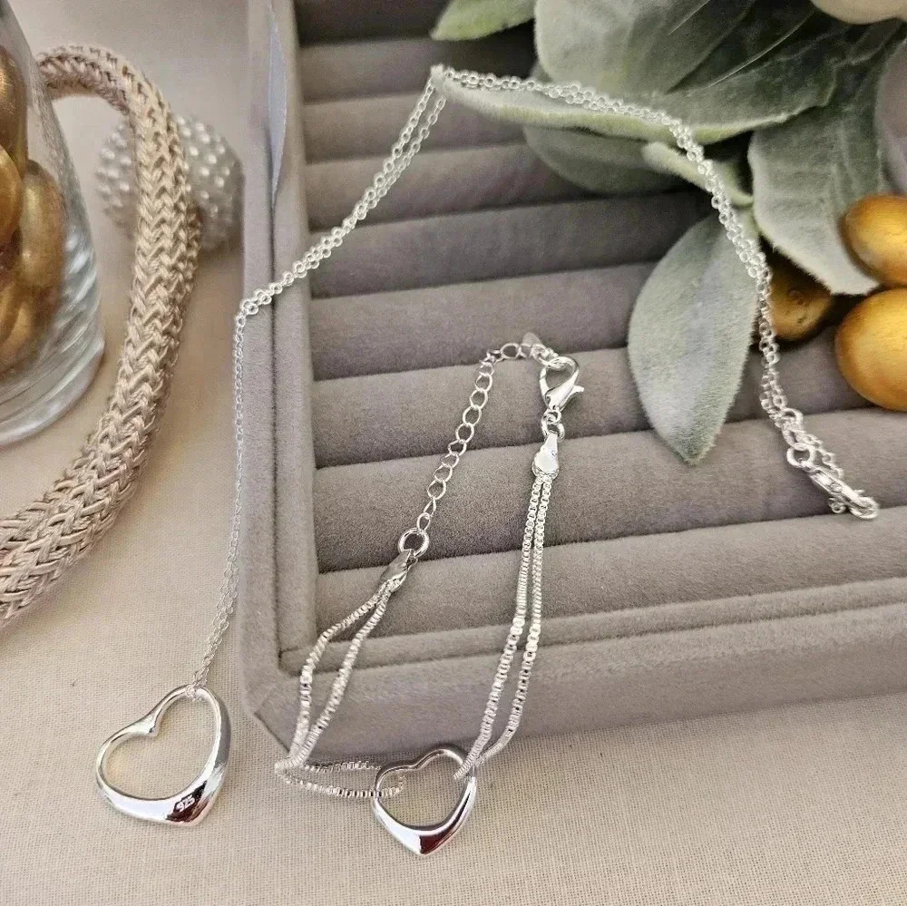 2 PC 925 sterling silver snake bracelet with heart. Necklace with heart pendant